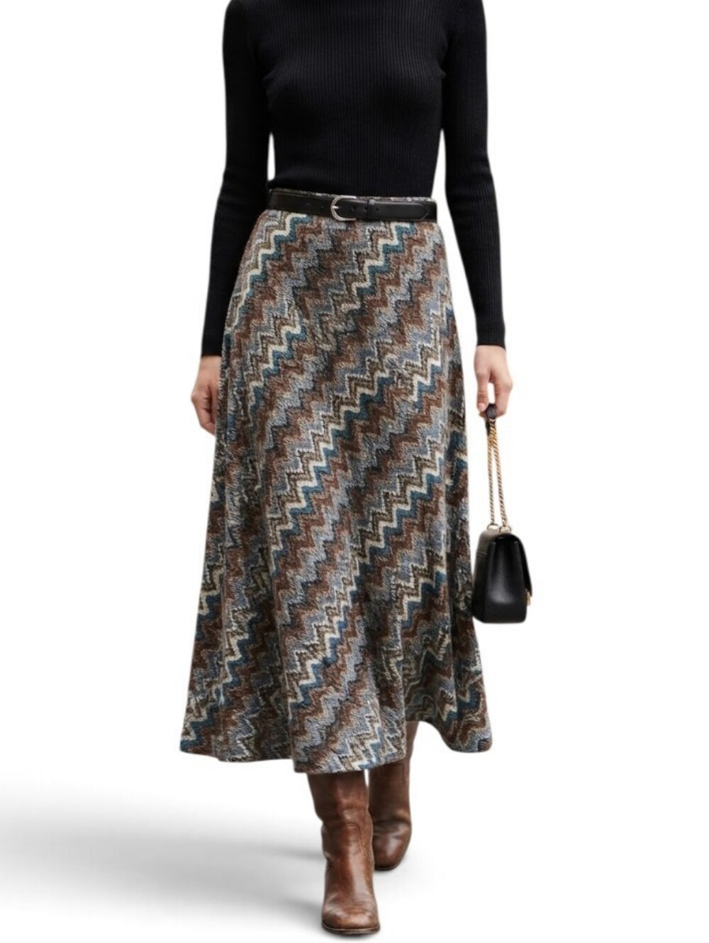 Y2K Modern Vintage Violet b. Chevron Knit Midi Skirt Brown Blue Multi L
